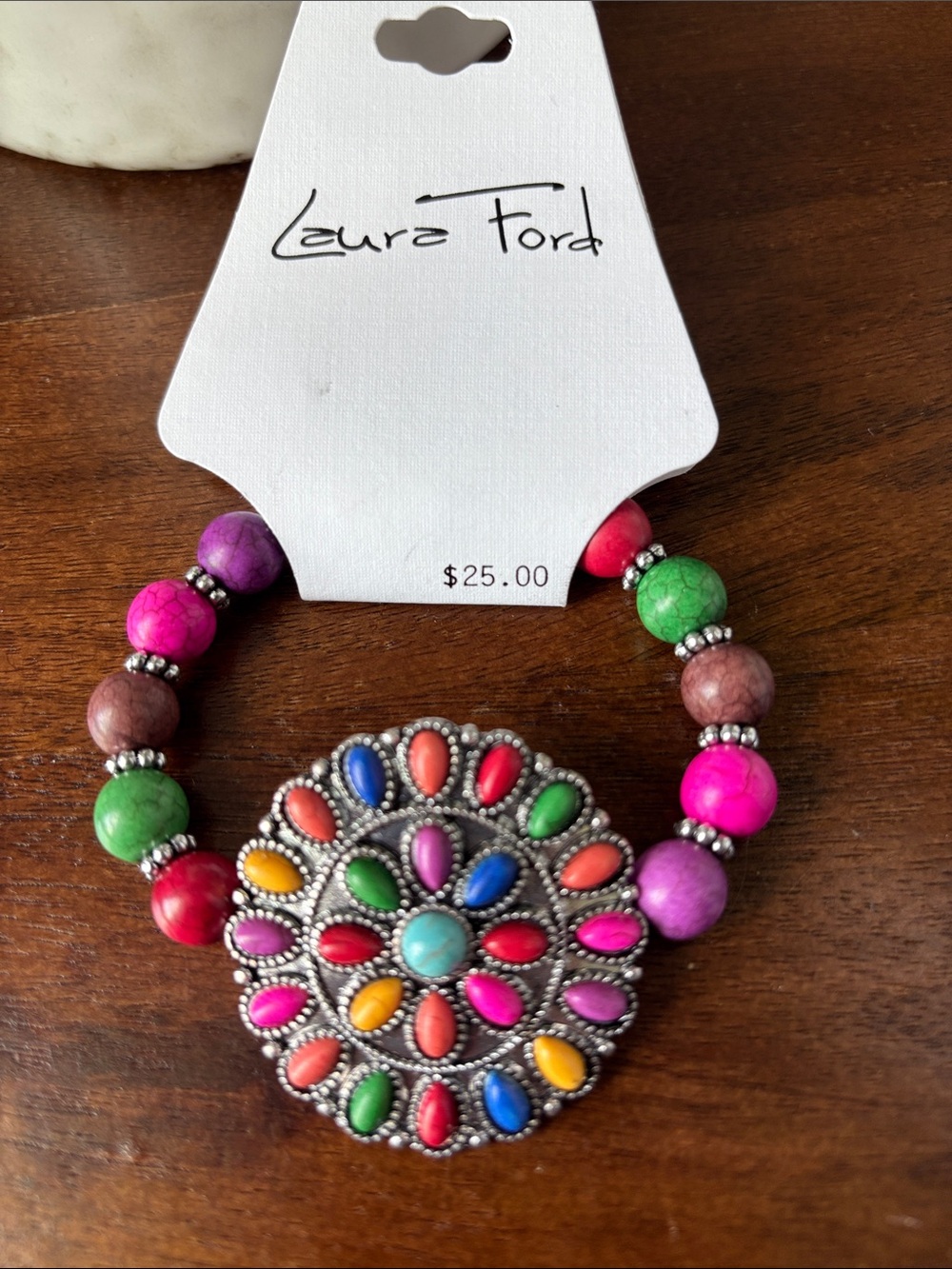 Laura Ford Concho,oval-shape cluster of  multicolor stones,round beads,Western